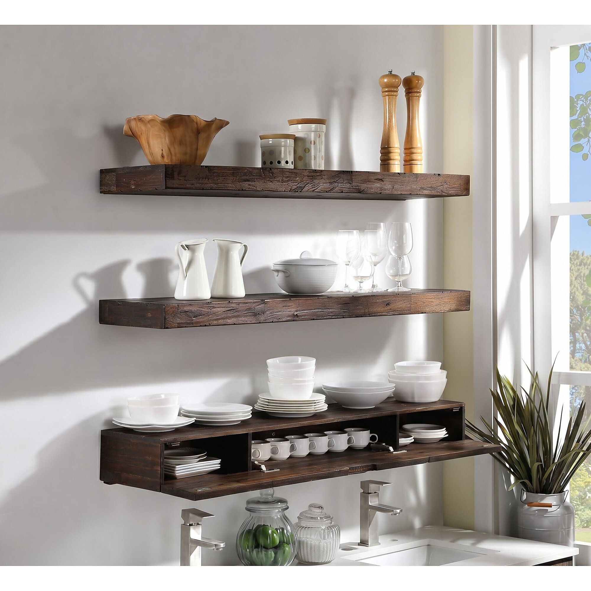 Merry Products, Distressed Floating Shelves W/ Hidden Storage,3Pc, Width 11.02 in, Depth 48.03 in, Material Wood, Model# SLF0340115010